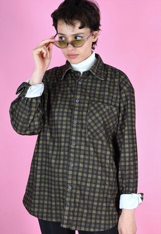 VINTAGE 90S FLANNEL SHIRT CHECK DARK GREEN GREY