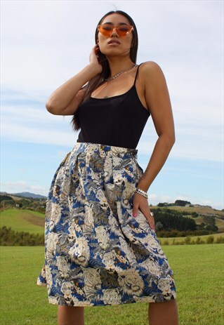 NOVE ELECTRIC BLUE LION PRINT COTTON MIDI SKIRT