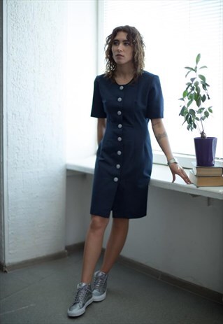 VINTAGE 80'S NAVY BUTTON UP SHORT SLEEVED DRESS