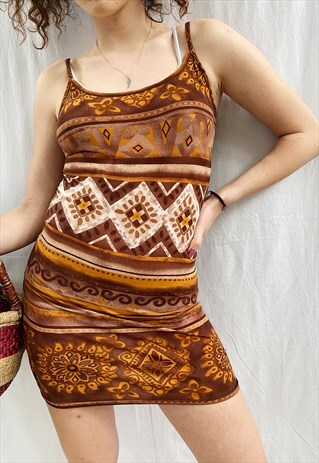 VINTAGE Y2K 00S SEXY ETHNIC PRINT FESTIVAL MINI SLIP DRESS