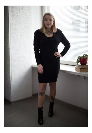VINTAGE 80'S BLACK MINI STRETCHY BELTED DRESS