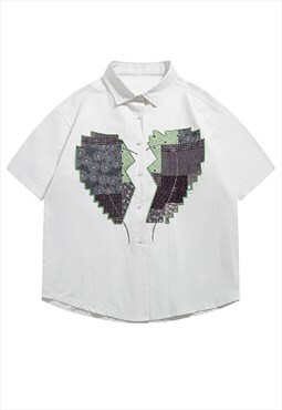 Broken heart print shirt love patch top in white