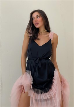Black maxi slip dress with pink tulle ruffles
