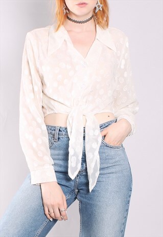 VINTAGE 90S CREAM FLORAL SATIN SHEER TIE UP BLOUSE CROP TOP