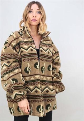 VINTAGE 90S OVERSIZED PATTERNED TEDDY FLEECE JACKET