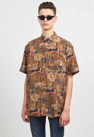 VINTAGE BROWN SHORT SLEEVE SILK SHIRT