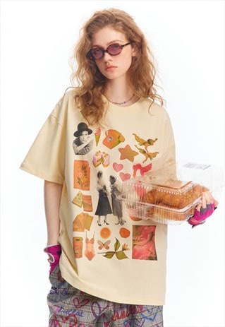 70S PRINT T-SHIRT RETRO TOP NOSTALGIA RAVER TEE IN CREAM