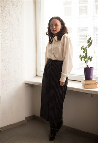 VINTAGE 80'S BLACK STRIPED BUTTONS UP MAXI SKIRT