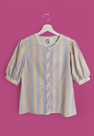 VINTAGE 80'S 90'S C&A PUFFY SLEEVE BLOUSE SHEER STRIPES