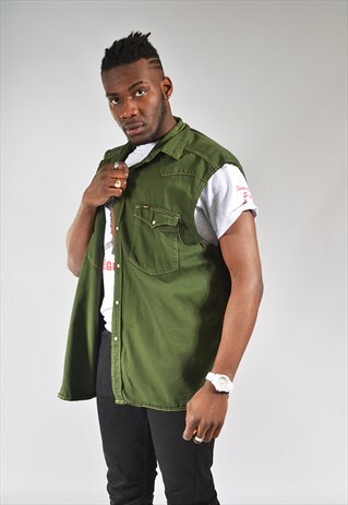 VINTAGE GREEN LEE SLEEVELESS DENIM SHIRT