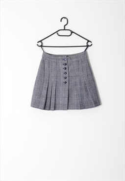 Vintage Blue White Houndstooth Check Wool Pleated Mini Skirt