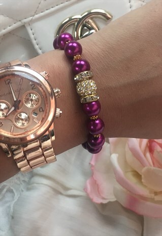 PURPLE AND GOLD SWAROVSKI CRYSTAL AND PEARL BEAD BRACELET