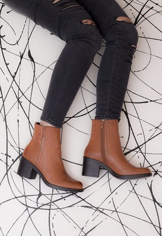 ISABELLA BLOCK HEEL ANKLE BOOTS SHOES - TAN LEATHER STYLE