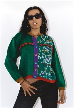 Vintage 80s colorful crazy pattern knitted cardigan