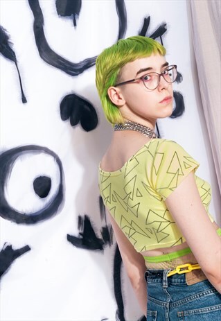 VINTAGE CROP TOP 90S NEON YELLOW GEOMETRY RAVE TOP