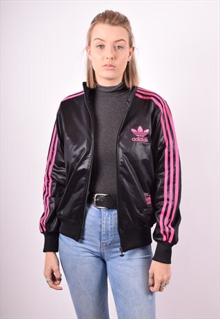 ADIDAS WOMENS VINTAGE TRACKSUIT TOP JACKET LARGE BLACK 90S