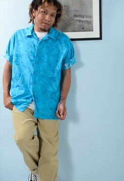 Vintage 90s Hawaiian Shirt Leaf Print Blue Unisex Size XL