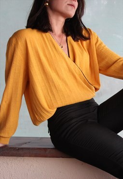 Vintage ocher yellow linen blend wrap style knitted blouse
