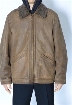 Vintage 90s Faded Brown Grunge Leather Zipper Jacket