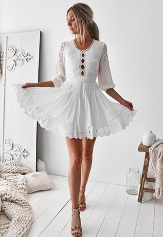 WHITE DELICATE LACE EYELET DRESS