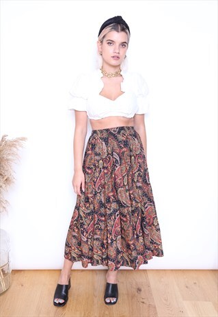 VINTAGE 90S BROWN PAISLEY PRINT MIDI SKIRT