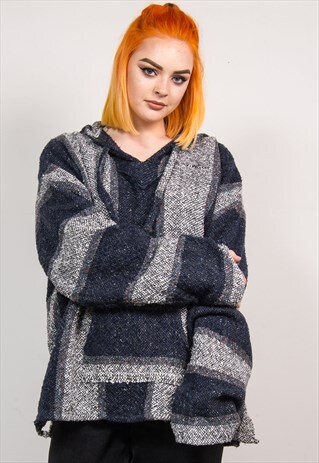 90'S GRUNGE STYLE GREY STRIPED BAJA HOODIE JUMPER