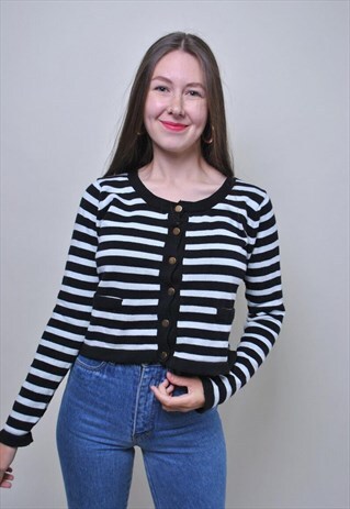 VINTAGE STRIPED KNITTED BLOUSE, FORMAL BUTTON UP CARDIGAN 