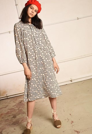 70'S RETRO MINIMALIST FLORAL PRINT PARIS CHIC MIDI DRESS