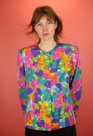 VINTAGE 90S NEON FLORAL PATTERN BLAZER WITH DETAILED BUTTONS