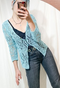 Vintage Cardigan Y2K Turquoise Lace Crocheted Top
