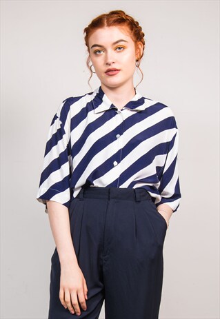 90'S VINTAGE NAVY STRIPE PATTERN BLOUSE SHIRT