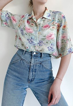 Vintage 90s Relaxed Ditsy Floral Sheer Women Shirt M