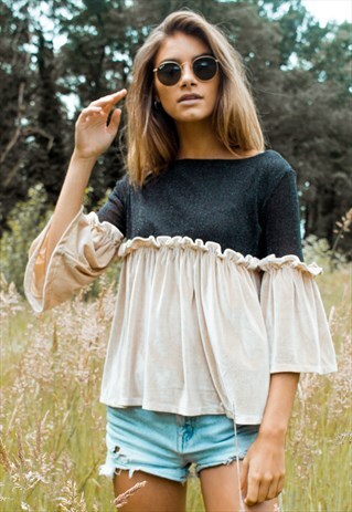 COLOR BLOCK VELVET TOP WITH FRILL