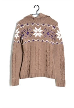 Y2K Beige Cable Knit Wool Blend Ornamental Ski Sweater