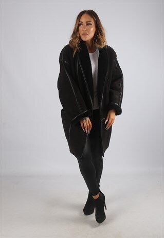 VINTAGE SHEEPSKIN SUEDE SHEARLING COAT SHORT MID UK 18 (K92D