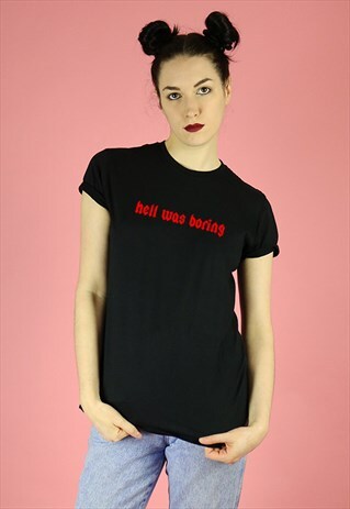 HELL WAS BORING GRAPHIC PRINT SLOGAN T-SHIRT RED ON BLACK TO