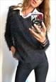 90S BLACK SHAGGY PREPPY TOP WITH WHITE COLLAR S M