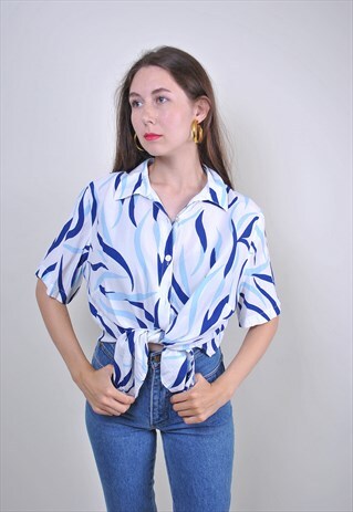 90S VINTAGE WHITE BLOUSE WITH BLUE ABSTRACT PRINT