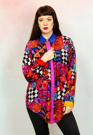 1980S VINTAGE VIBRANT CRAZY PATTERN PURE SILK SHIRT