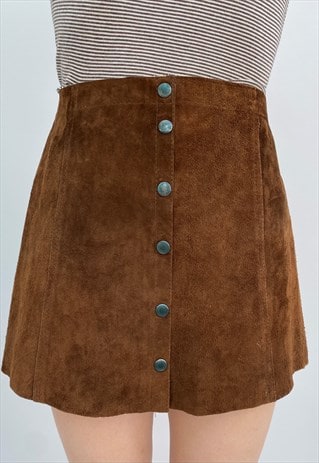 70's Vintage Ladies Brown Suede Popper Mini Skirt