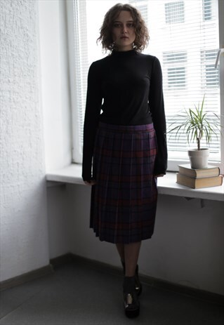VINTAGE 80'S MIDI PURPLE TARTAN PLEATED WOOL SKIRT