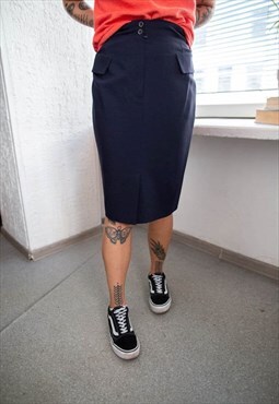 Vintage 80's Navy High Waisted Wool Pencil Skirt