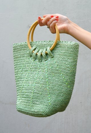 VINTAGE MINT GREEN STRAW BASKET ROUND TOP HANDLE SUMMER BAG