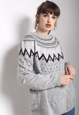 Vintage Abstract Crazy Jazzy Patterned Jumper Grey