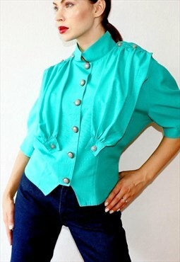 80s Vintage Statement Jacket Bright Top Turquoise Blouse