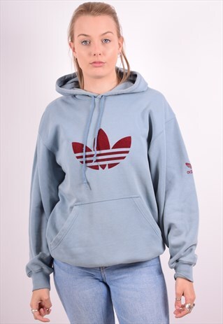 ADIDAS WOMENS VINTAGE HOODIE JUMPER LARGE BLUE 90S
