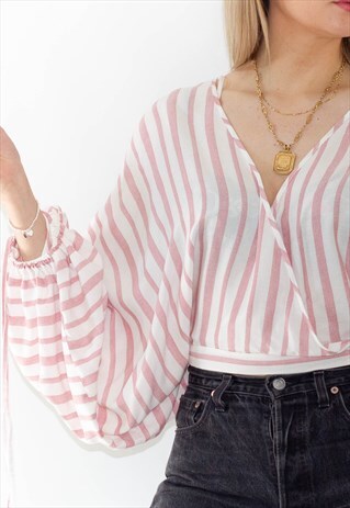 CANDY STRIPED CROPPED V NECK BELL SLEEVE BLOUSE