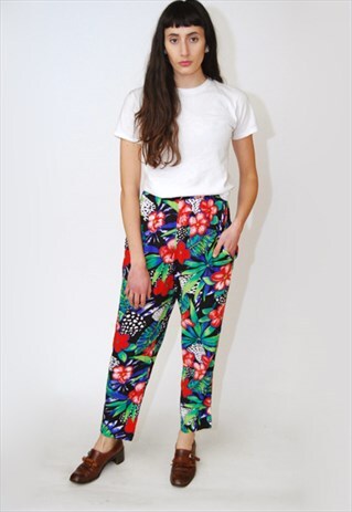 VINTAGE FLORAL TROUSERS (S) PANTS 80S HAWAIIAN PRINT LOOSE