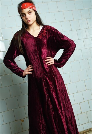 VINTAGE 90S RETRO MAXI BOHO VELVET MAXI DRESS MAROON