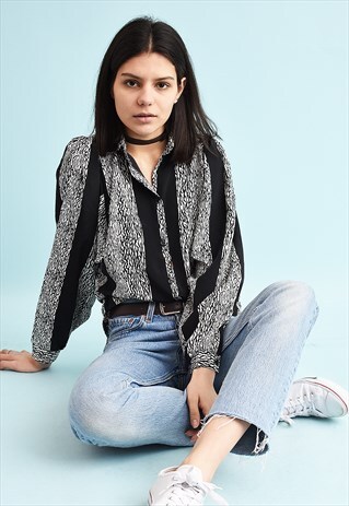 80'S RETRO ABSTRACT PRINT LOOSE-FITTED PUFF-SLEEVE SHIRT TOP